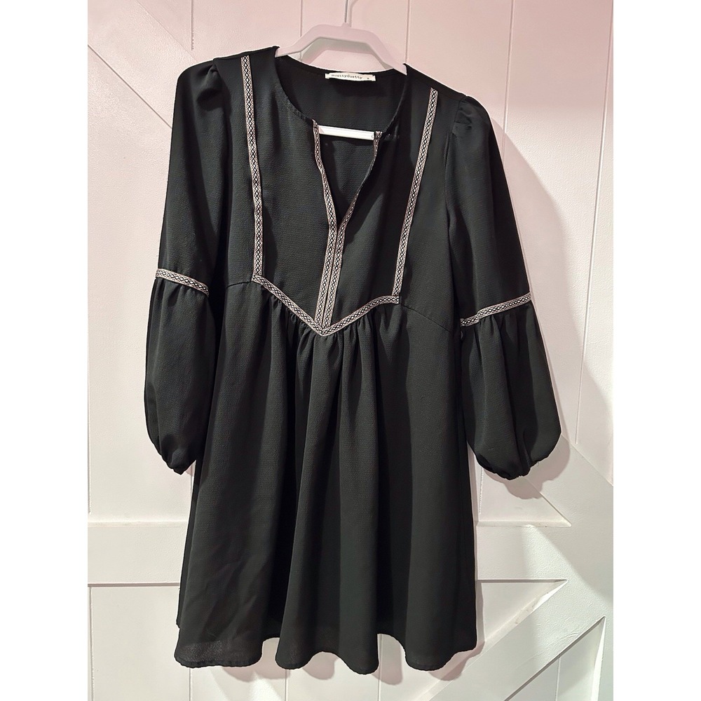 Rusttydustty Black Long Sleeve Boho‎ Mini Dress